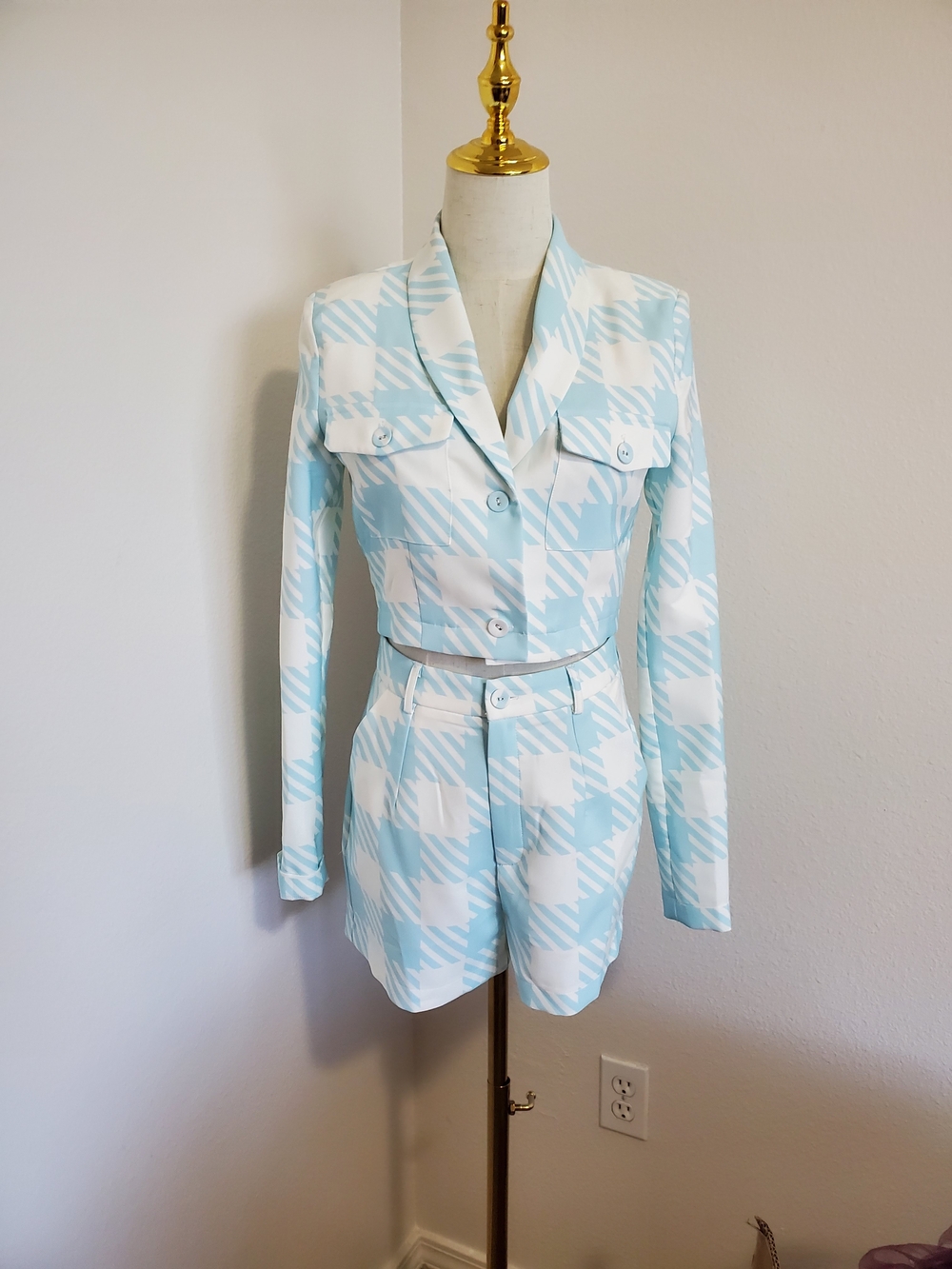 Windsor Light Blue and White Plaid Cropped Blazer and Shorts Set